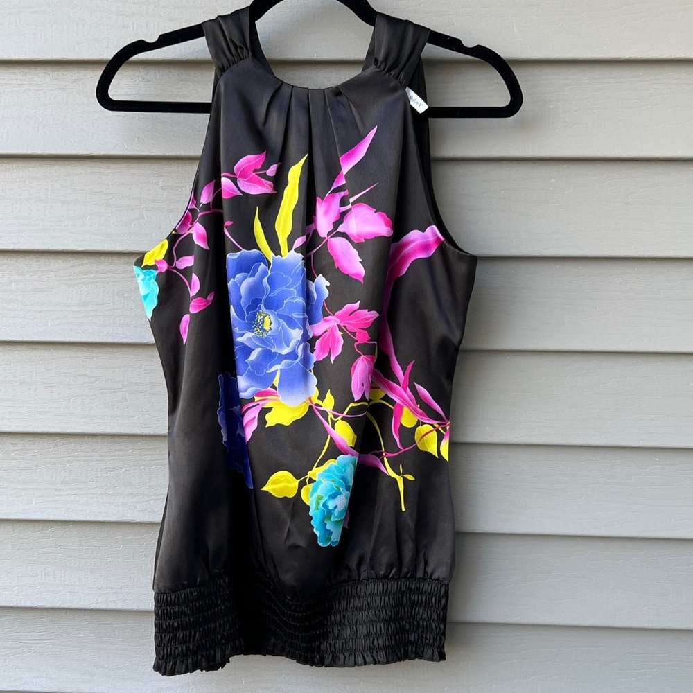 Studio Y Y2K Rose Print Top Elastic Waistband Back Tie Blouse Size M Black